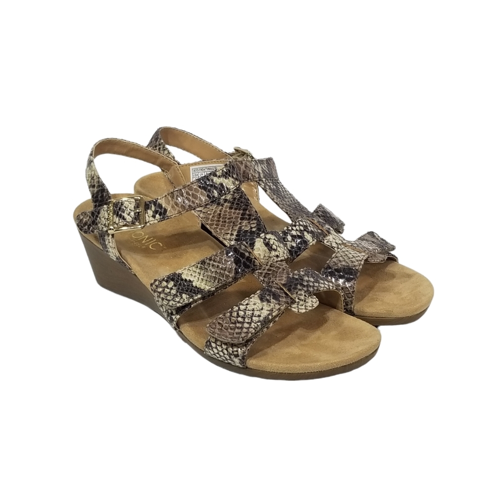 Vionic Glenda Strappy Wedge Leather Sandals In Snake Print Comfort Shoes Size 7